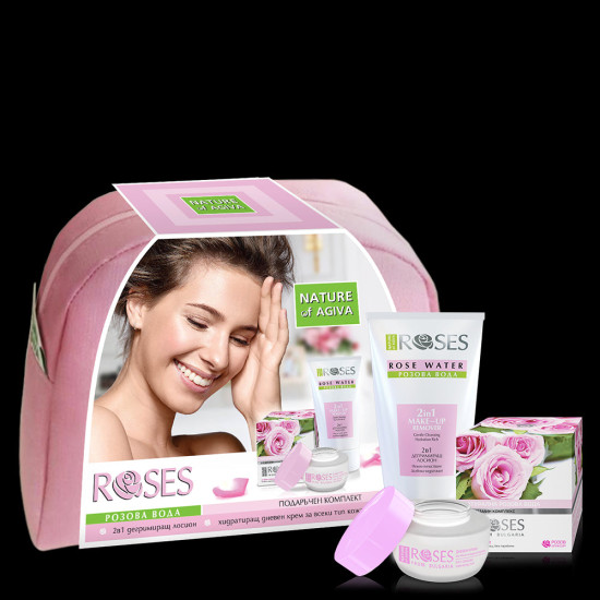 Roses - Дамски промо комплект за лице Дневен хидратиращ крем, 2 в 1 Дегримиращ лосион и Несесер