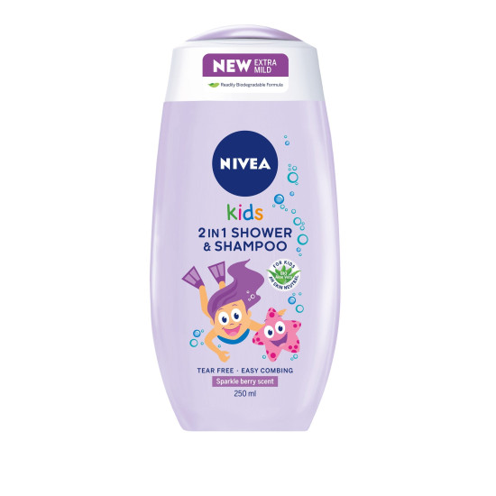 Nivea kids детски 2в1 душ-гел и шампоан за момичета с аромат на горски плодове