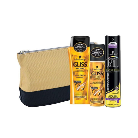 Комплект Gliss Oil Nutritive - Подхранващ шампоан + балсам + Taft лак за коса + подарък чанта