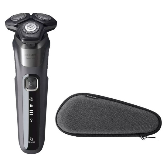 Philips Shaver Seria 5000 S5585/30 - Самобръсначка, Мокро и сухо бръснене, Без кабел, SkinIQ технология, Персонално бръснене чрез свързване към приложението, Bluetooth, 360° гъвкави глави, 60 мин, Кутия за транспортиране