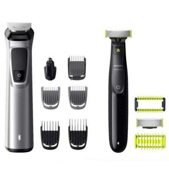 Philips Multigroom MG9710/90 - Комплект OneBlade & Машинка за подстригване за брада и коса, Самозаточващи се метални остриета, 6 гребена, Устойчив на душ